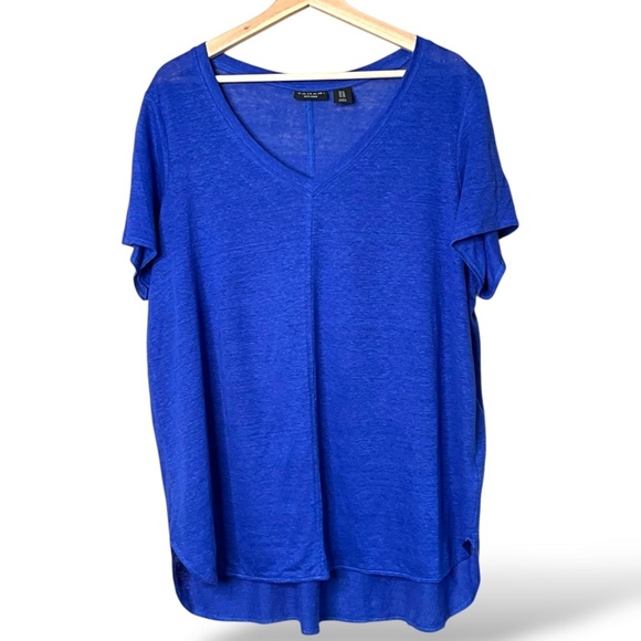 TAHARI 100% Linen Stretch Knit Short Sleeve Cobalt V-Neck Tee Hi-Lo Hem US Sz 1X - Picture 1 of 8